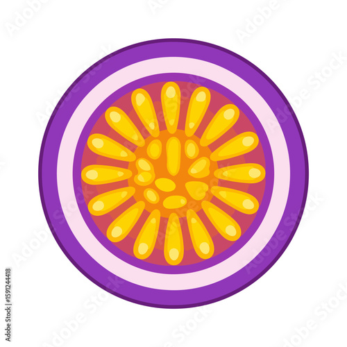 Stylized cross-section of a passion fruit with a vibrant purple rind and yellow pulp.