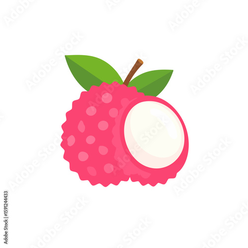 A vibrant illustration of a whole and peeled lychee fruit with a bumpy pink rind and green leaves.