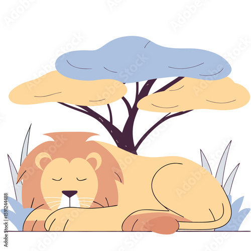 Peaceful lion napping under a stylized african tree with blue and yellow foliage on a white background