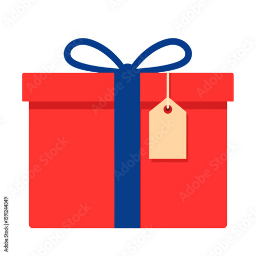 A vibrant red gift box with a dark blue ribbon bow and a blank beige gift tag.