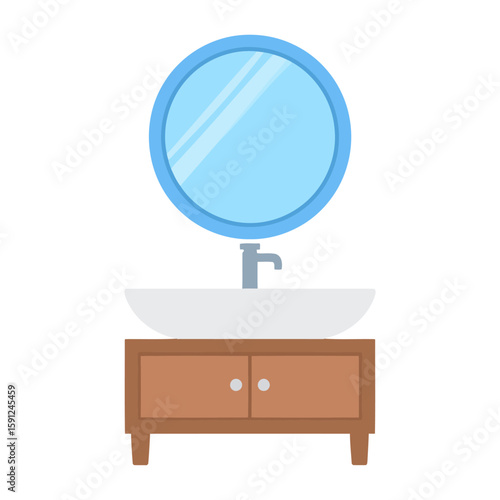 Flat vector illustration of a bathroom vanity with a wooden cabinet, white vessel sink, and a round blue-framed mirror.