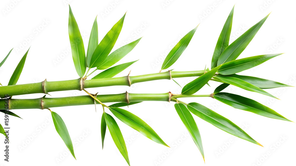 Obraz premium Two parallel green bamboo branches adorned with lush leaves are presented on a stark transparent background