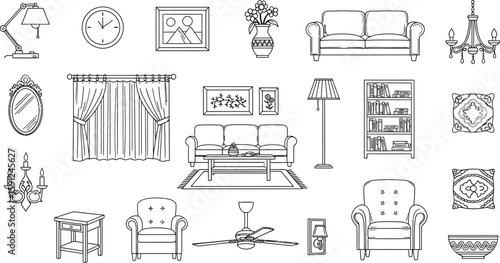 Vector art of a collection of outlined furniture and home decor items are displayed on a white background, showcasing a variety of interior design elements