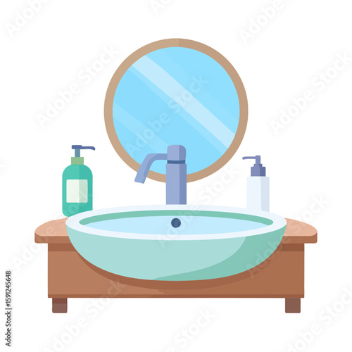 Flat vector illustration of a bathroom vanity with a light green vessel sink, round mirror, and two soap dispensers.