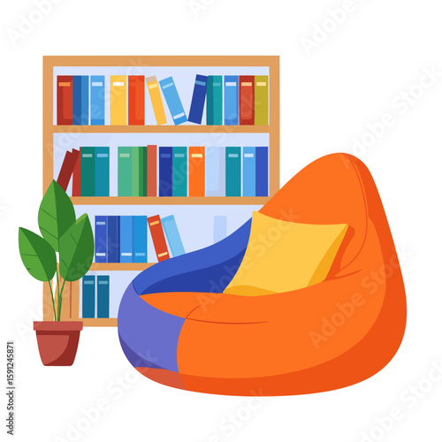 Cozy reading corner with a colorful beanbag chair, a wooden bookshelf, and a green houseplant.