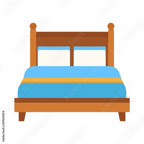 Classic wooden double bed with blue and yellow bedding, shown in a flat design illustration style.