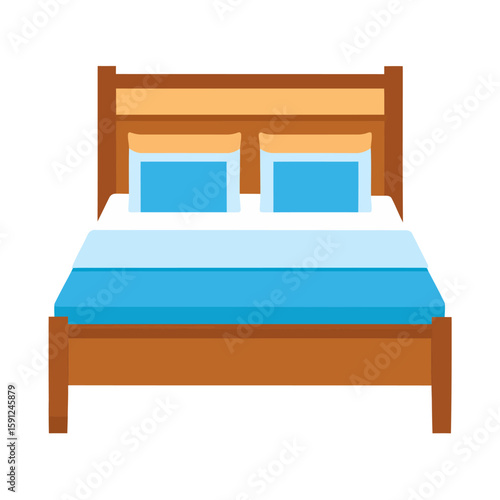 Wooden double bed with blue pillows and blanket, flat design vector illustration.
