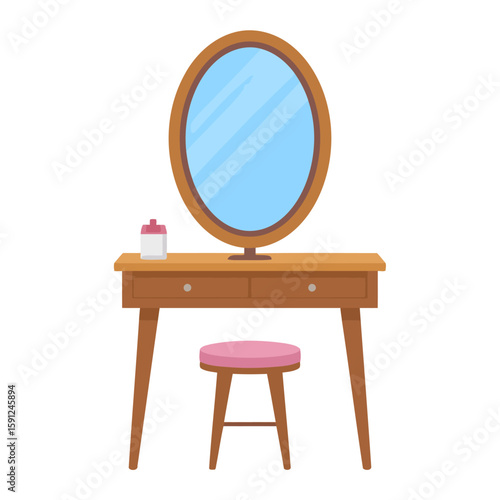Wooden vanity table with an oval mirror and pink stool. A flat illustration of classic bedroom furniture.