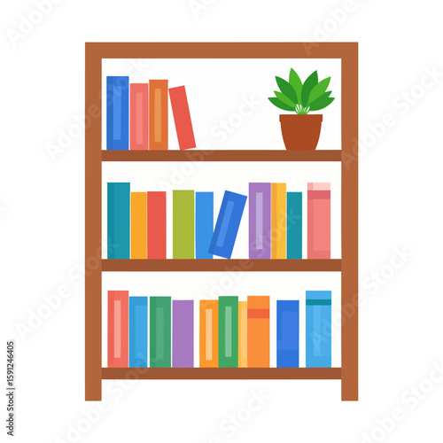 Wooden three-shelf bookcase filled with vibrant, colorful books and a small green houseplant.
