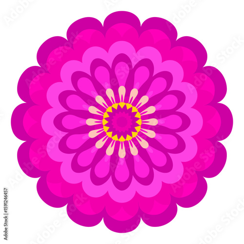 Stylized symmetrical pink flower with layered magenta petals and a vibrant yellow center.