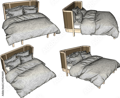 Vector sketch illustration of a modern minimalist style bed design with bed sheet 