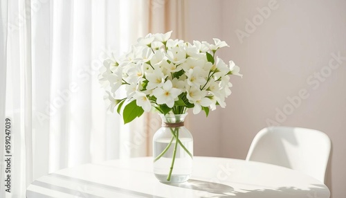 Wallpaper Mural White blooms in simple vase, sunlit table, sheer white curtains, bright room,   floral,   white Torontodigital.ca
