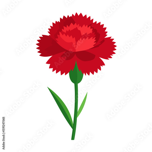 Stylized red carnation flower with layered, serrated petals and a green stem.