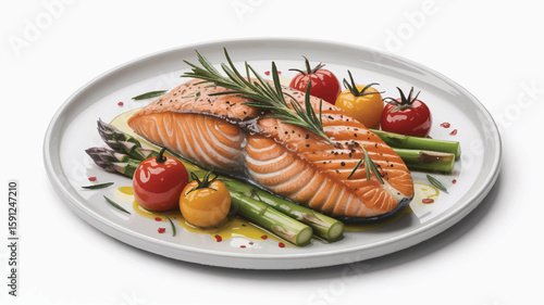 A professional food photograph of a perfectly grilled salmon fillet on a white ceramic plate.  (2)_traced