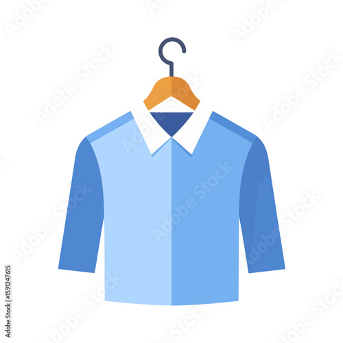 A light blue shirt with a white collar and three-quarter sleeves on a wooden hanger.