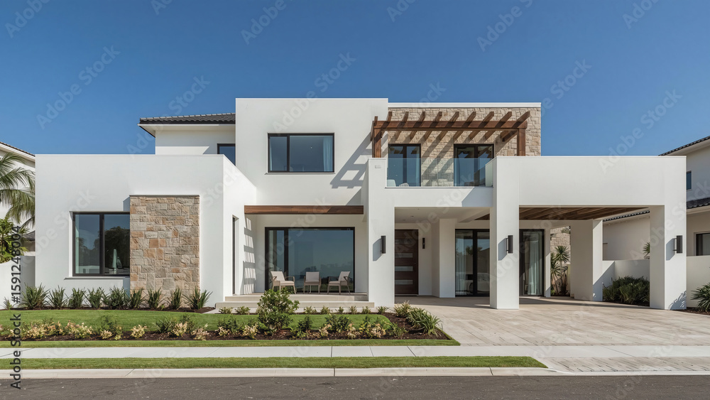 Fototapeta premium Modern Mediterranean Villa – White Stucco Walls with Elegant Stone Accents