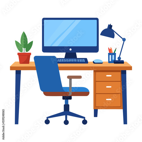 Modern home office workspace illustration with a computer, blue swivel chair, desk lamp, and a potted plant.