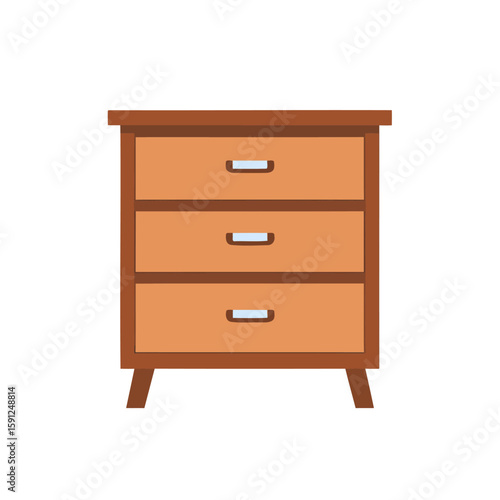 Simple wooden chest of drawers with three drawers and recessed handles. Flat vector illustration of a modern nightstand.