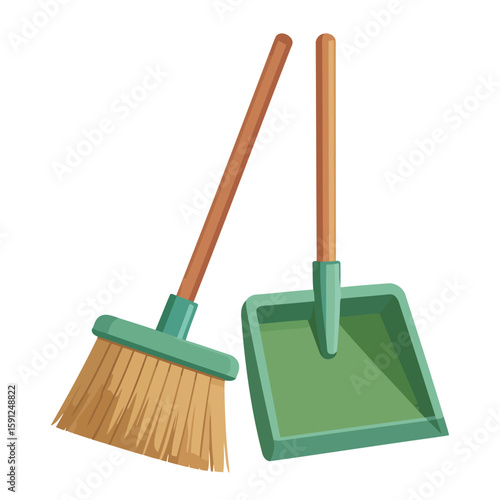 Cartoon illustration of a green broom and dustpan cleaning set with wooden handles and tan bristles.