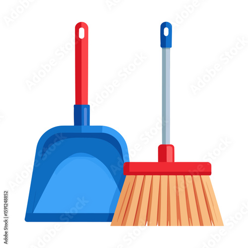 Colorful cartoon broom and dustpan cleaning set illustration.