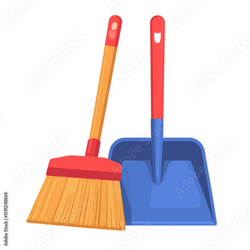Vibrant cartoon cleaning set with a red and blue plastic dustpan and a yellow-bristled broom.