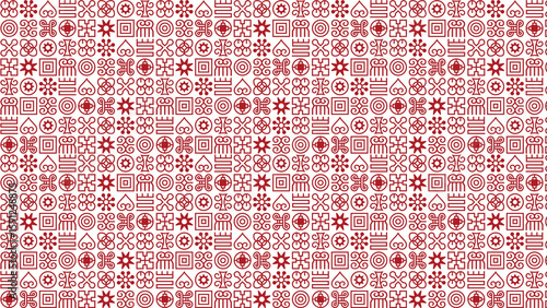 Red adinkra symbols in a seamless pattern creating a decorative background on a white surface
