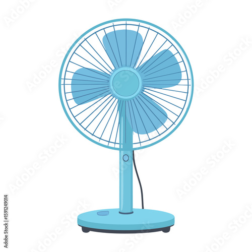 Light blue electric table fan with a circular grille and four blades. A simple, modern household appliance illustration.