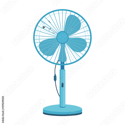 Light blue electric pedestal fan illustration with three blades, a round base, and a dirty grille.