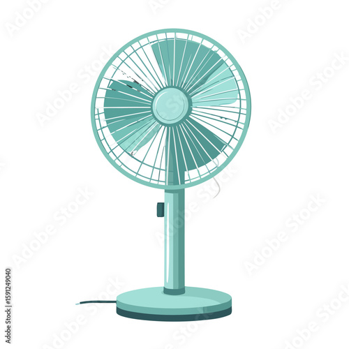 A retro-style teal electric pedestal fan with a round base and protective cage, illustrated.