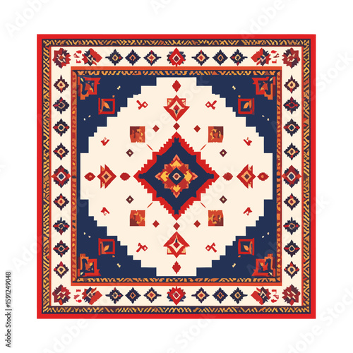 Symmetrical tribal carpet design with a central diamond medallion and geometric borders in red, blue, and cream.