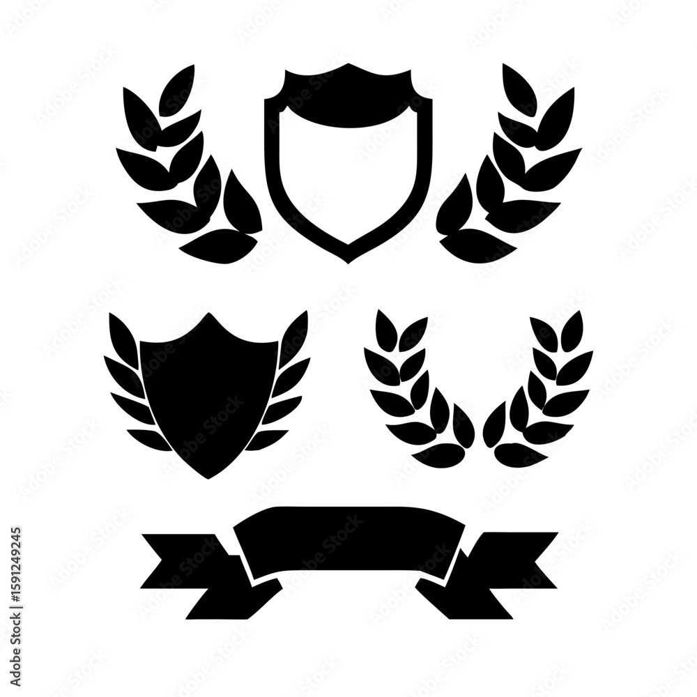 Fototapeta premium Laurel wreath, shield, wing, ribbon, and banners vector set. Laurel wreaths, shields, wings, ribbons illustration for awards, heraldry, logos, badges, and branding designs 
