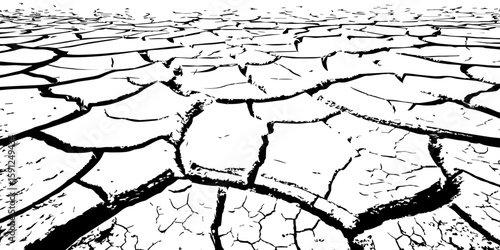  A stark, high-contrast, black and white close-up of parched, cracked earth, illustrating severe drought and environmental degradation. The cracks extend towards a vanishing point
