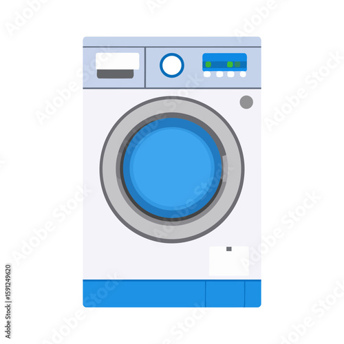 Modern front-load washing machine illustration with a round blue door and digital control panel.