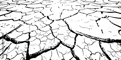  A stark, high-contrast, black and white close-up of parched, cracked earth, illustrating severe drought and environmental degradation. The cracks extend towards a vanishing point