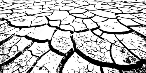  A stark, high-contrast, black and white close-up of parched, cracked earth, illustrating severe drought and environmental degradation. The cracks extend towards a vanishing point