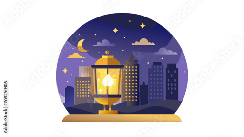 City night scene with lantern and moon vector illustration for graphic design and web development projects