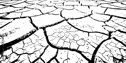  A stark, high-contrast, black and white close-up of parched, cracked earth, illustrating severe drought and environmental degradation. The cracks extend towards a vanishing point