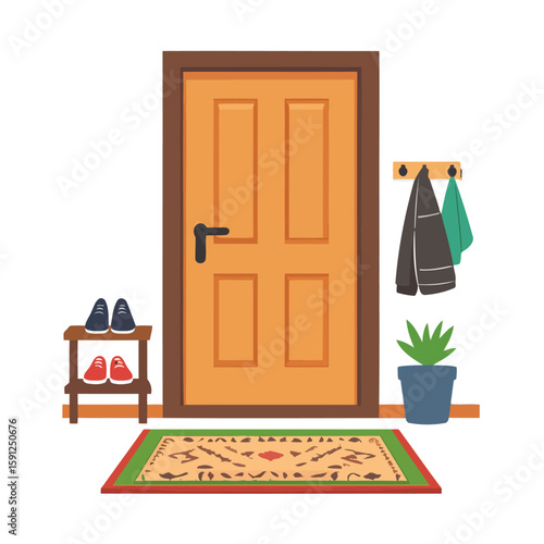 Cozy and organized home entryway with a wooden door, shoe rack, patterned rug, and hanging coat.