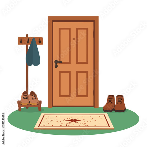 Cozy home entryway illustration with a wooden door, coat rack, doormat, and shoes.