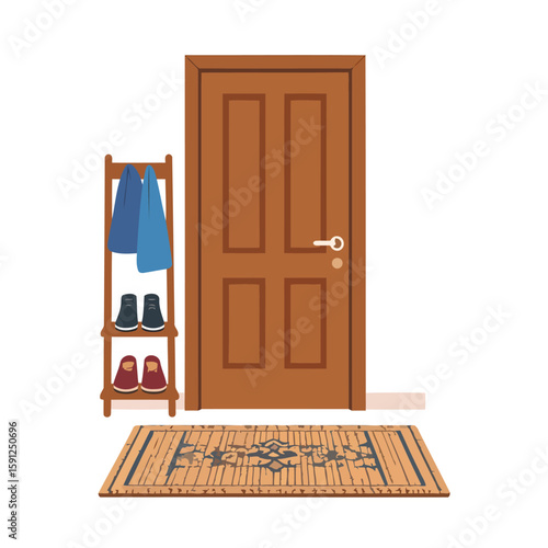 Cozy home entryway illustration with a brown wooden door, shoe rack, and a doormat with muddy footprints.