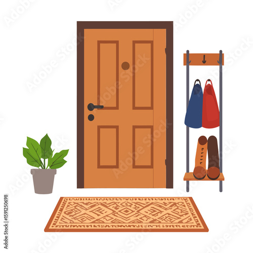 Illustrated home entryway with a wooden door, patterned rug, potted plant, and a shoe and bag rack.