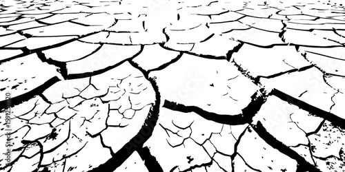  A stark, high-contrast, black and white close-up of parched, cracked earth, illustrating severe drought and environmental degradation. The cracks extend towards a vanishing point
