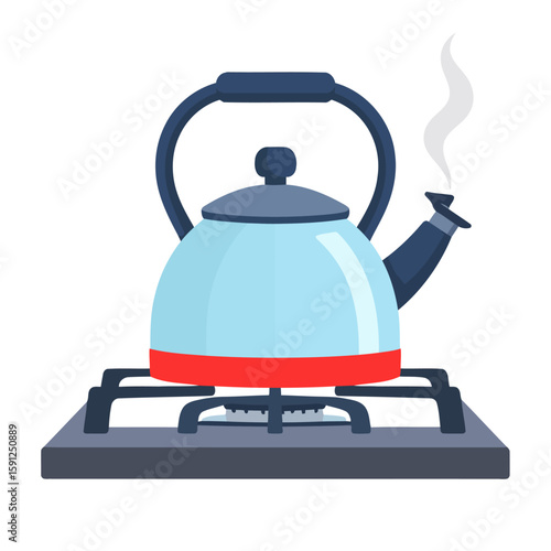 Light blue stovetop kettle with a red stripe boiling on a gas burner, emitting steam.