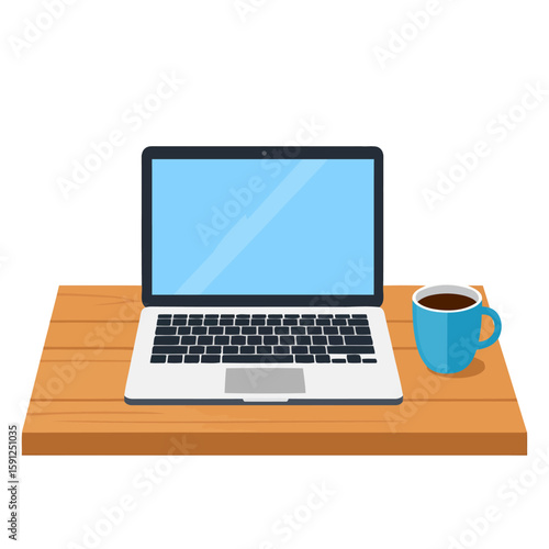 Front view illustration of an open laptop computer and a blue coffee mug on a wooden desk.