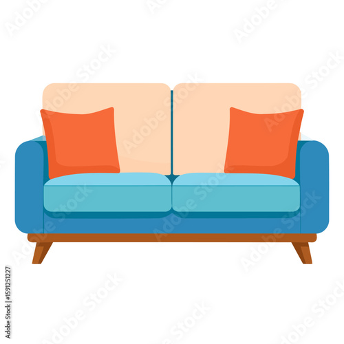 Stylish blue two-seater loveseat with orange throw pillows and beige backrests on wooden legs.
