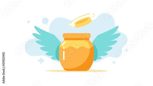 Honey jar with wings and halo illustration vector graphic design for sweet food and beverage products