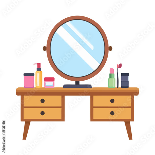 Wooden dressing table with a round mirror and cosmetic products. Flat vector illustration of bedroom furniture.