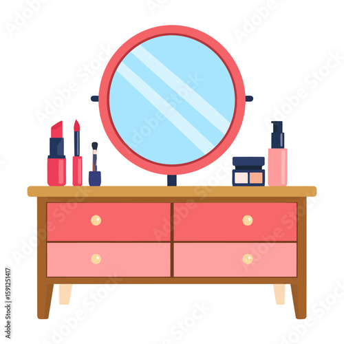 Pink wooden vanity table with a round mirror and makeup products. Flat design illustration of a dressing table with cosmetics like lipstick, eyeshadow, and foun