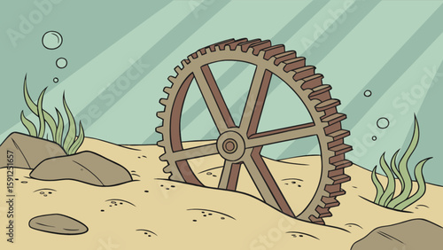 Underwater gear wheel illustration for marine engineering concept and ocean technology design idea vector