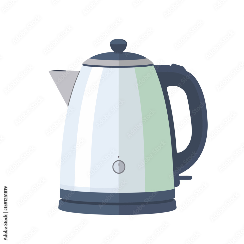 Obraz premium Modern electric kettle with a striped light grey and pale green body, featuring a dark blue handle and lid.
